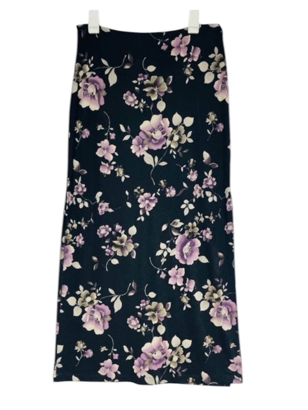 La Belle Floral Maxi Skirt LG Black Lavender Moody Print Slinky Cottage Grunge